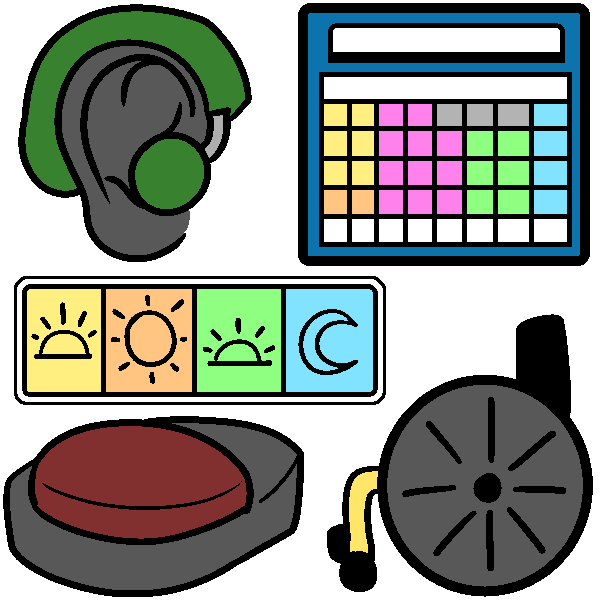 A drawing of assistive technology including a green hearing aide, a blue AAC device, a four compartment pill organizer with suns and a moon on it, a yellow wheelchair, and a red switch button.